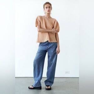 NEW Zara Wrinkle Effect Knit Top With Balloon Sleeves Open Back Design Sz S